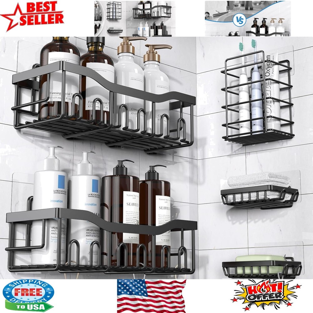 Versatile Adhesive Shower Caddy Set - 5 Durable Organizers with Rounded Edges