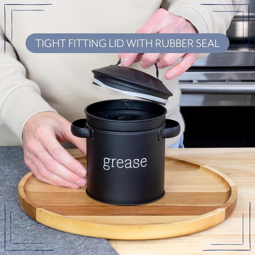 Practical Black Enamel Grease Container w/Strainer - Essential Kitchen Accessory
