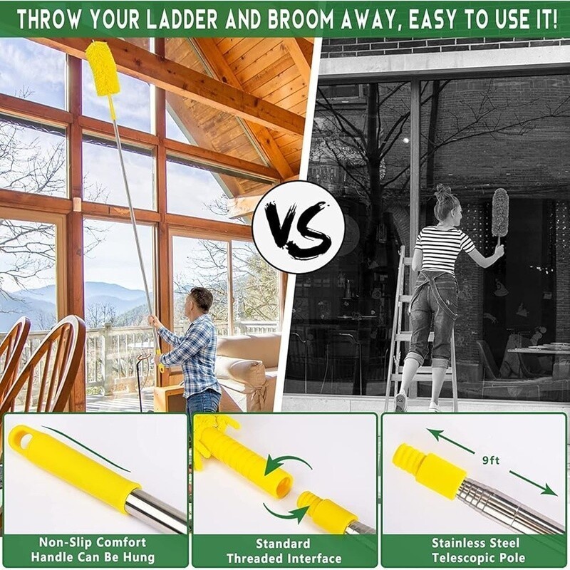 17ft High Reach Duster Kit Extendable Pole Microfiber Cobweb Chenille Cleaning