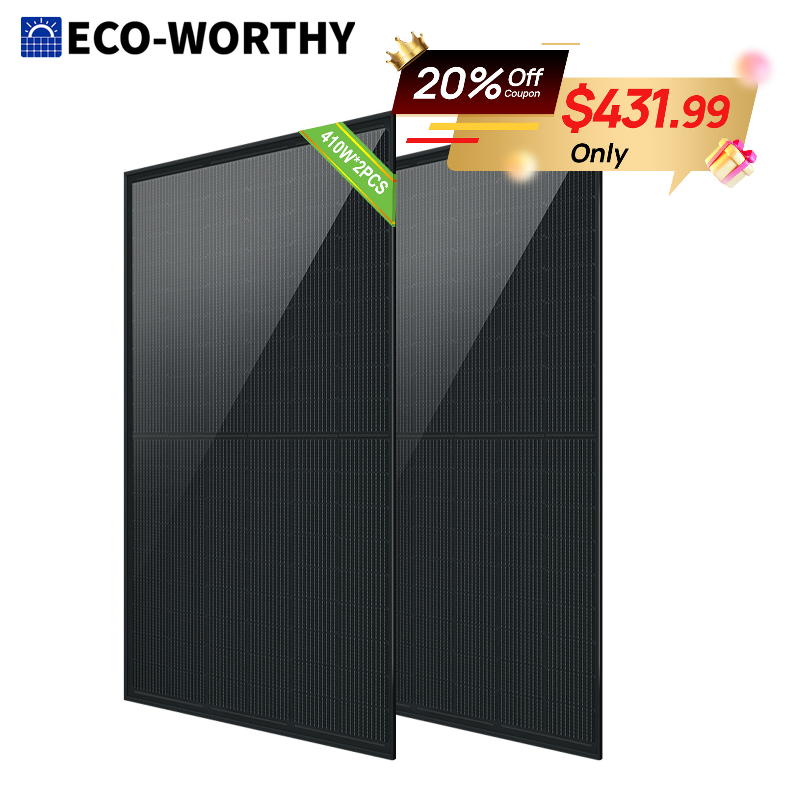 ECO-WORTHY 2Pack 410W Watt Solar Panel for Home Off grid + Free shipping