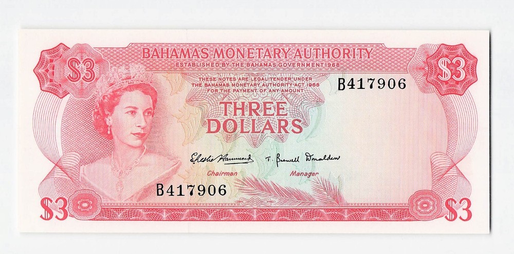 Bahamas, P-28a 1968 $3, Banknote.