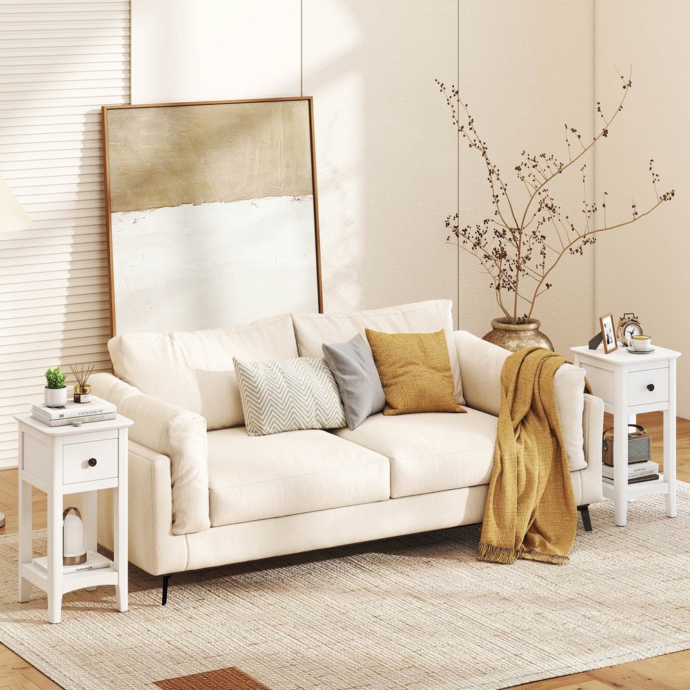 2PCS Nightstand 3-Tier Bedside Table w/ Open Storage Shelf & Narrow Side Table