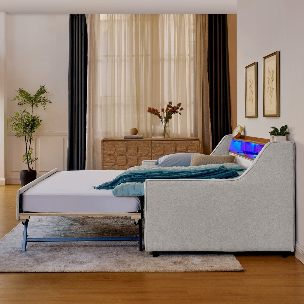 Twin Size Upholstery Sofa Bed with Three LED lights, with Storage Adjustable Hea