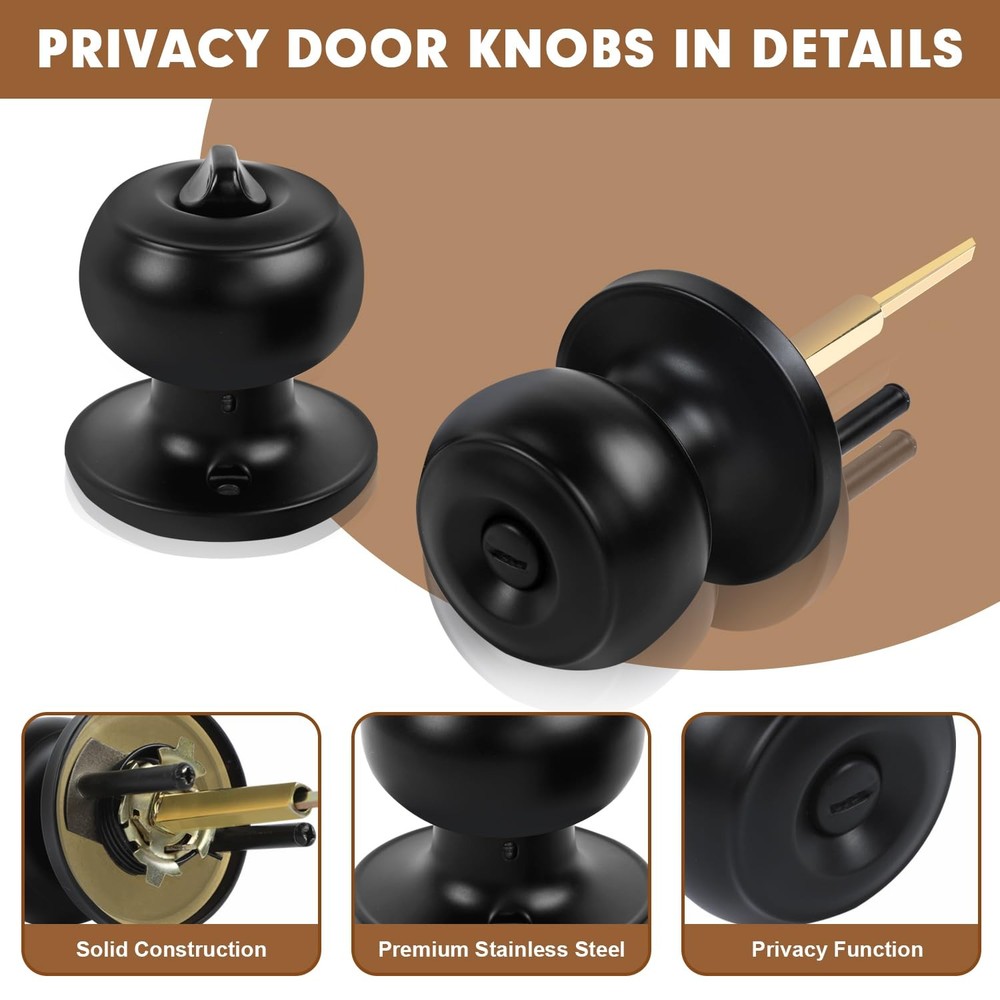 RAZCC Privacy Door Knobs, 6 Pack Matte Black Knobs with 6 Pack,