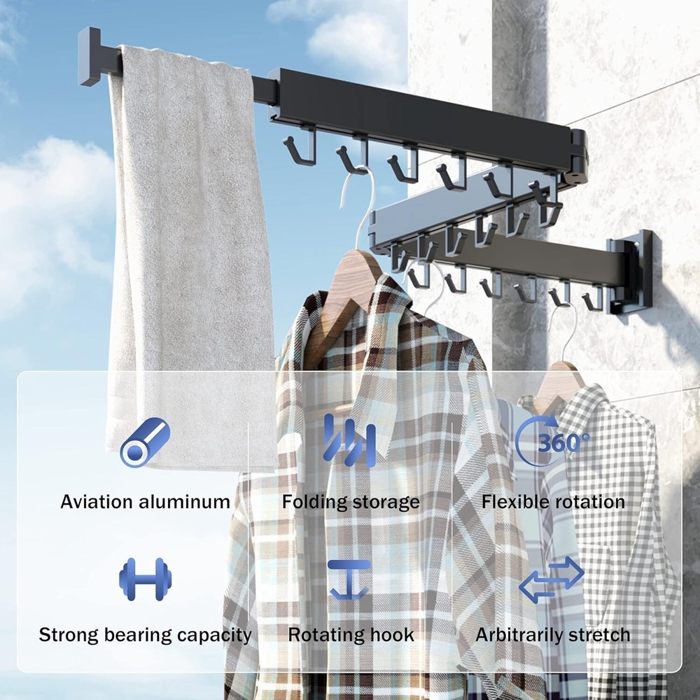 Wall Mounted Folding Clothes Drying Rack with Retractable Hooks - Modern Design
