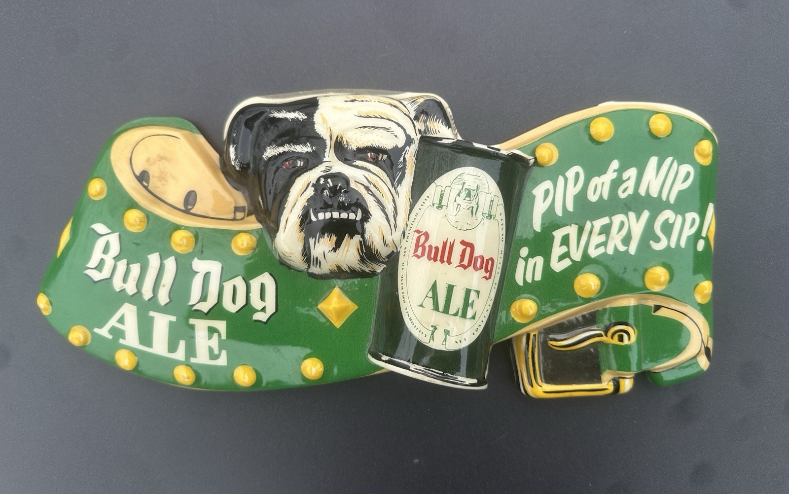 50’S CALIFORNIA BRG CO SAN FRANCISCO BULL DOG ALE PLASTIC BEER SIGN W/ BEER CAN