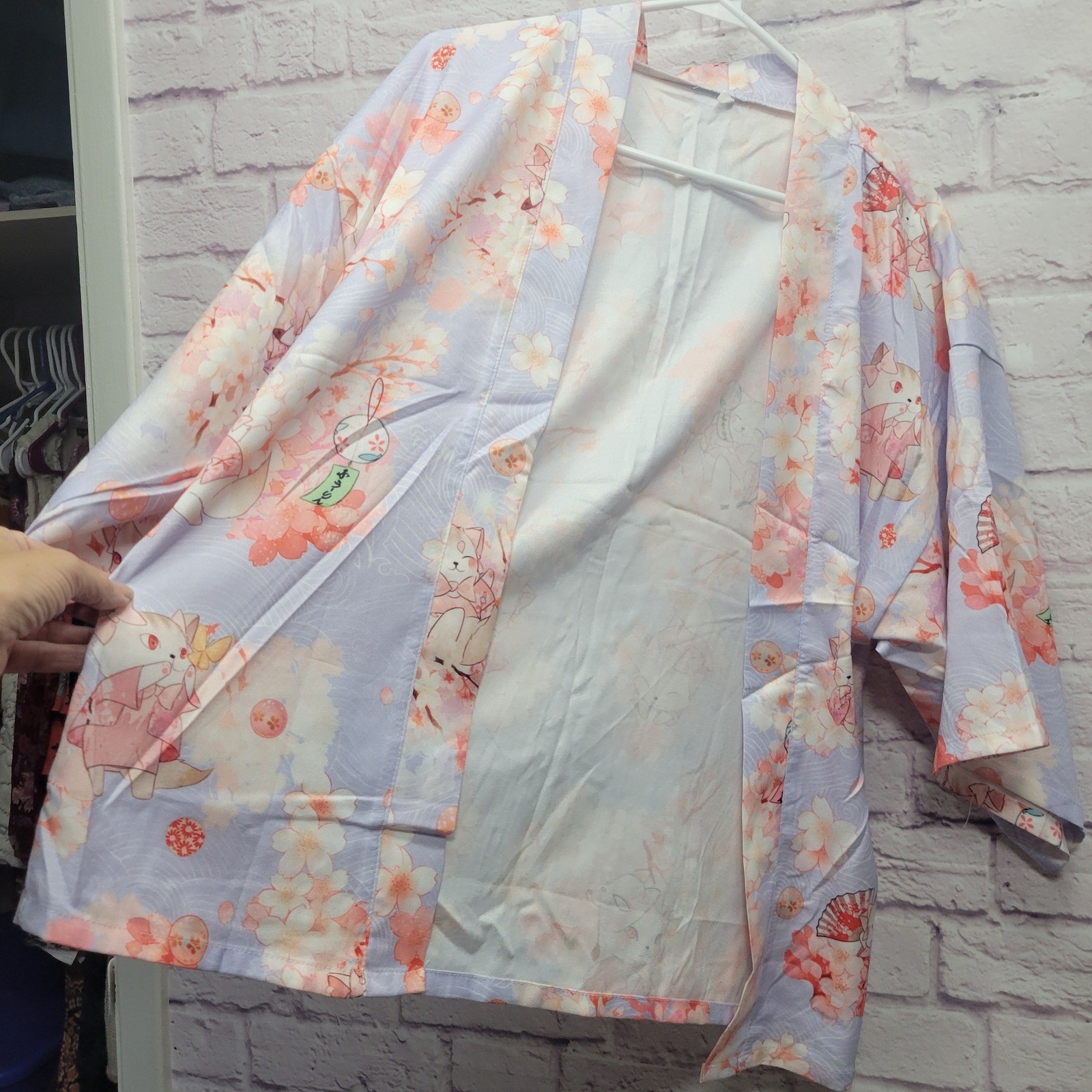 Japanese Kimono Blouse Womens XL+ Pastel Cat with Fan Floral Asian Lightweight