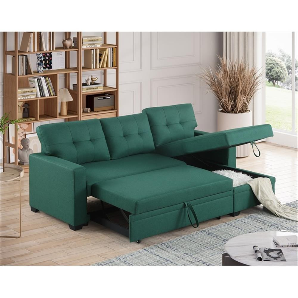 Devion Furniture Polyester Fabric Reversible Sleeper Sectional Sofa-Green
