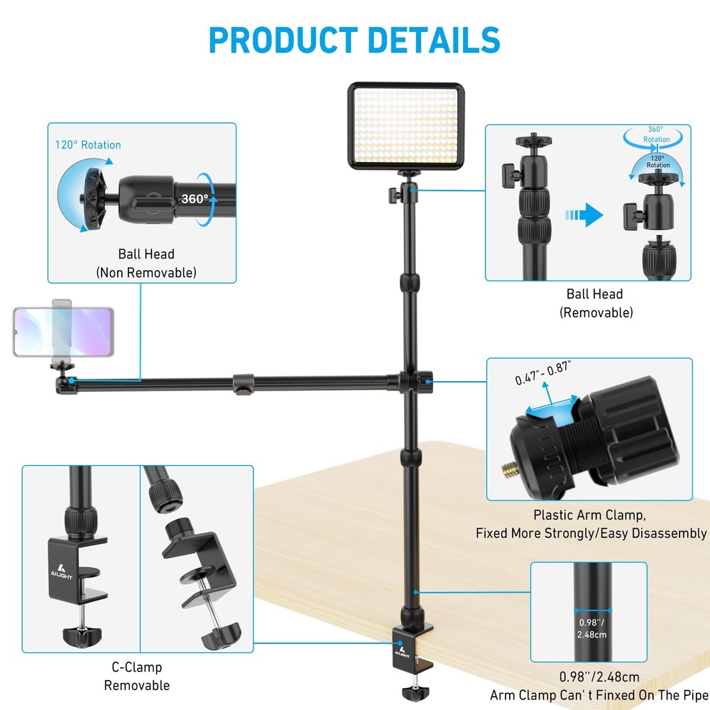 Overhead Camera Mount Desk Stand, 15.75"-33.45" Webcam Mount with 2-Section A...
