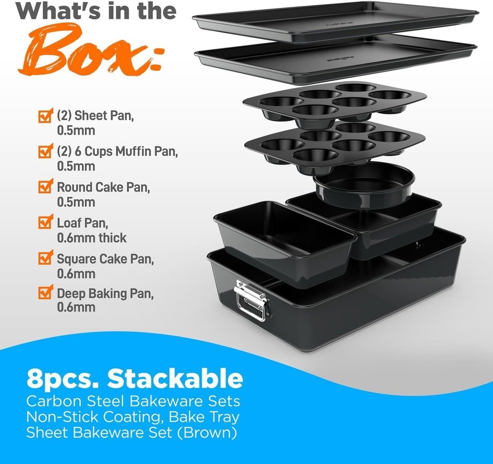 8-Piece Stackable Nonstick Bakeware Set Steel Baking Tray for Food Prep Serving
