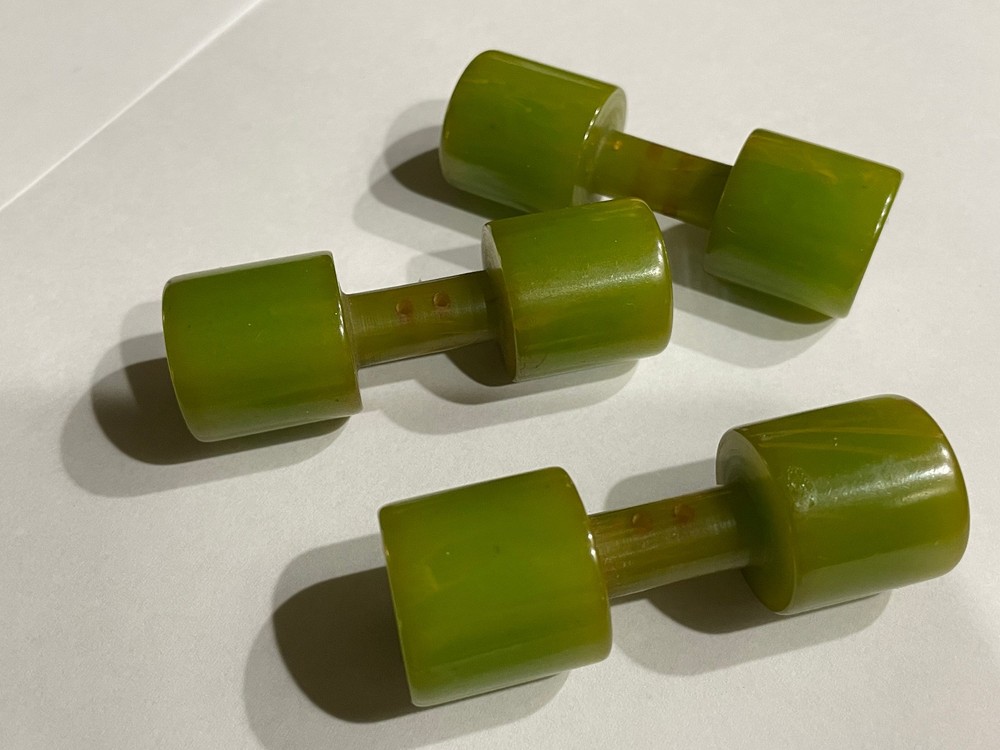 HUGE Bakelite Toggle Barbell Buttons (THREE). Marbled Green. 1940s