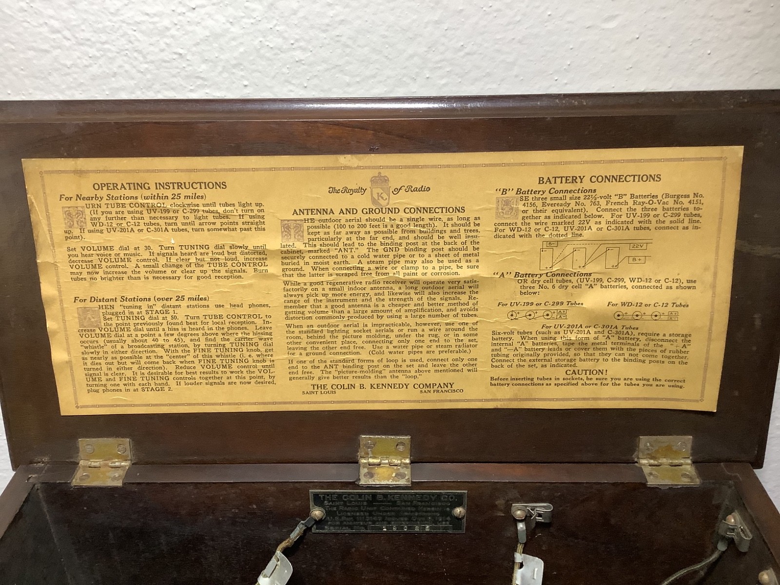 1923 Colin B. Kennedy Co. Exposed Tube Radio - St Louis & San Francisco WORKS!