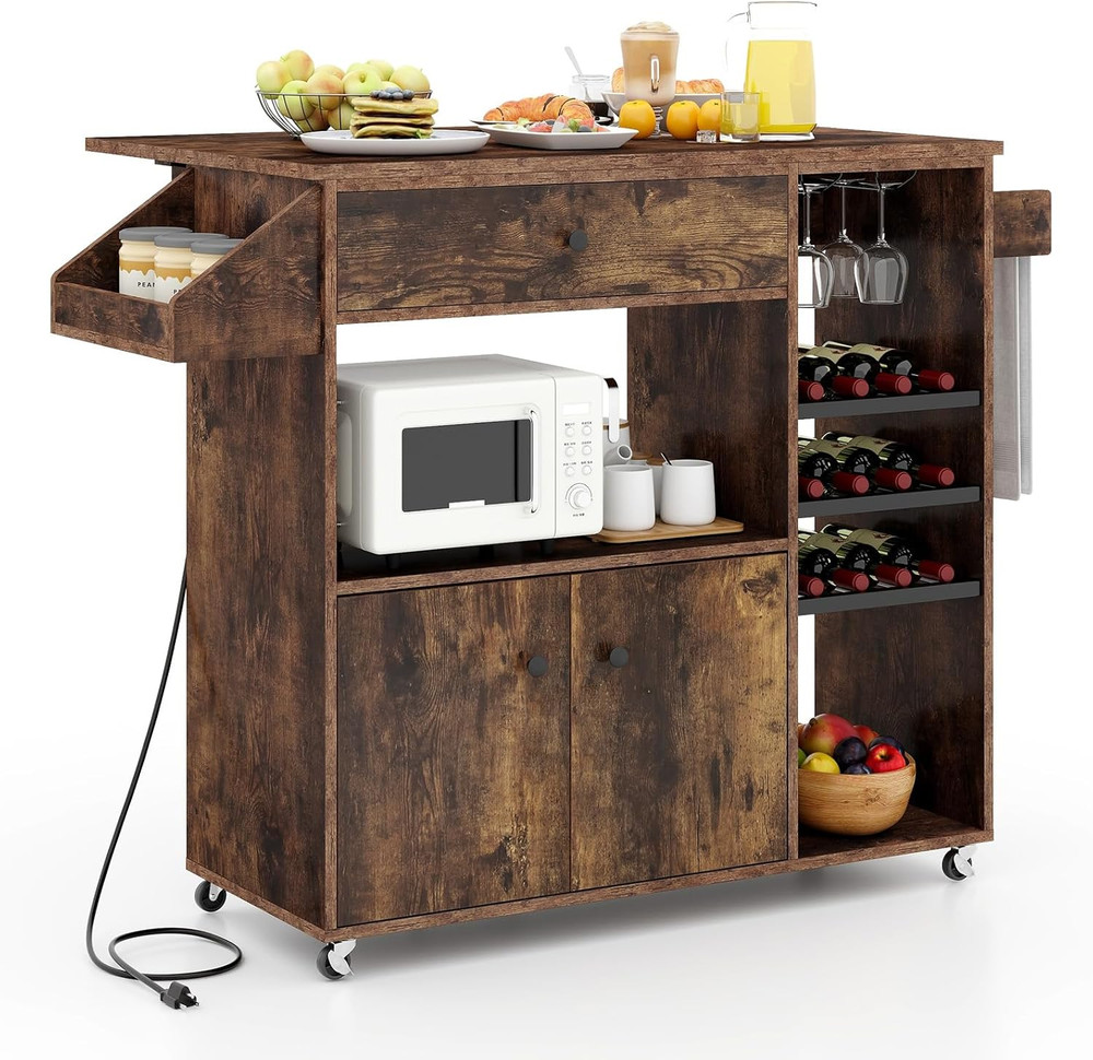 Rustic Brown Rolling Kitchen Island Cart with Drop Leaf & Storage Solutions