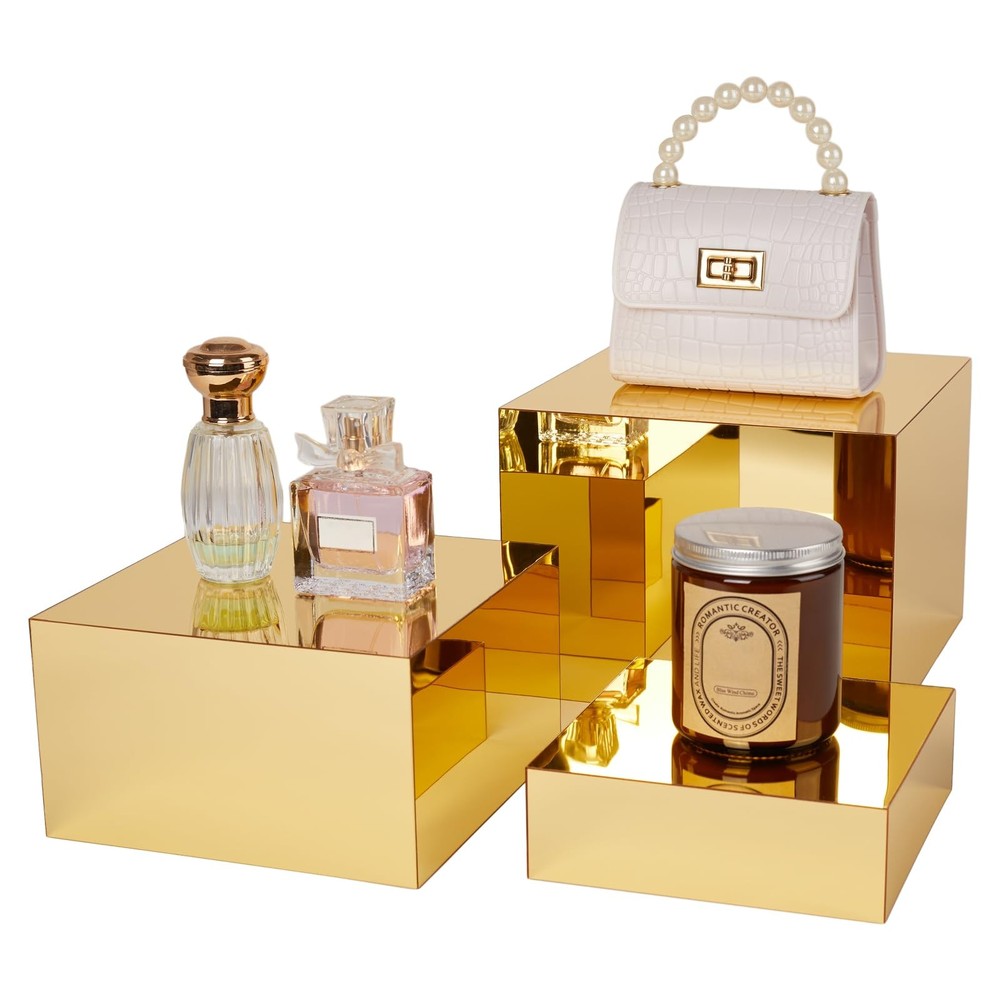 3 Pcs Gold Acrylic Risers Display Stands, Mirrored Nesting Cube Boxes Pedesta...
