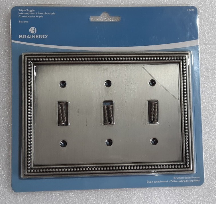 Brainerd Brushed Satin Pewter Beaded Triple Toggle Switch Wall Plate NOS New