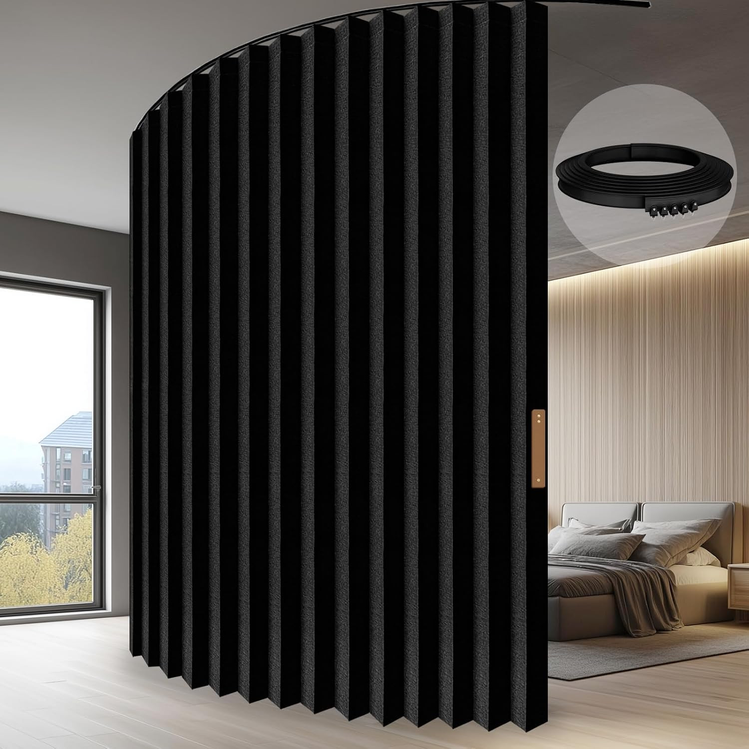 Accordion-Style Room Divider with Ceiling Track Foldable Partition Curtain Easy