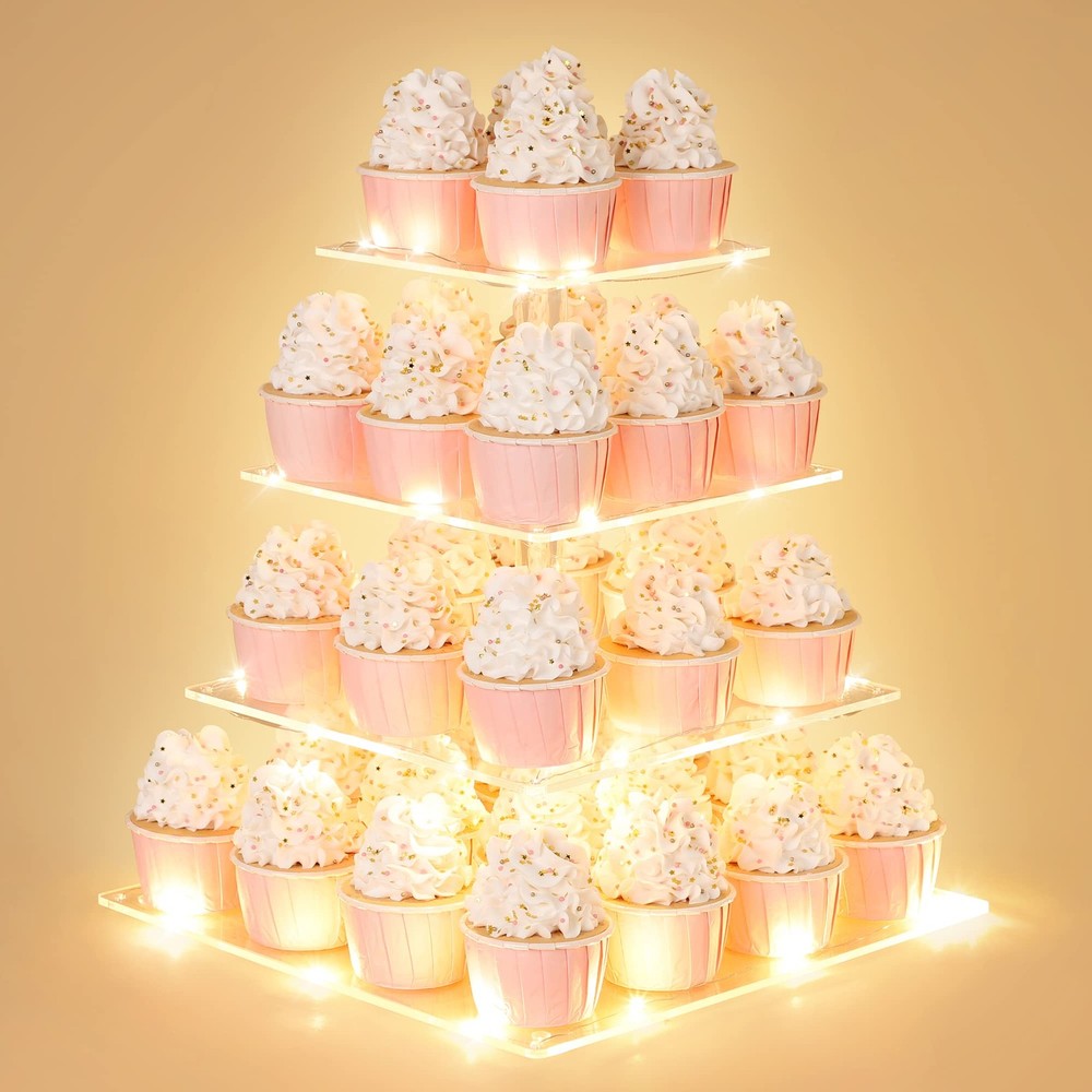 4-Tier Acrylic Cupcake Display Stand with LED String Light for Wedding Birthday