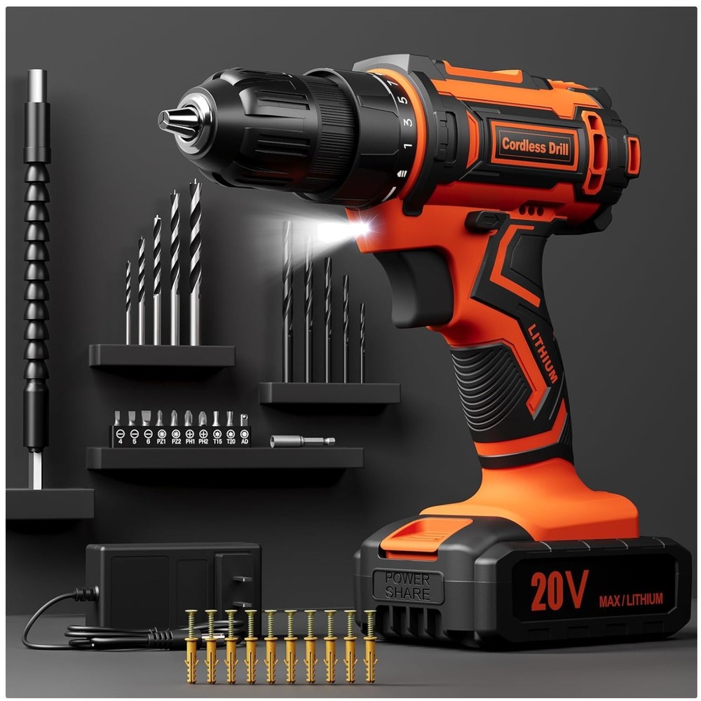 Portable 20V Cordless Drill Set with Rapid Charging and Complete Accessories/