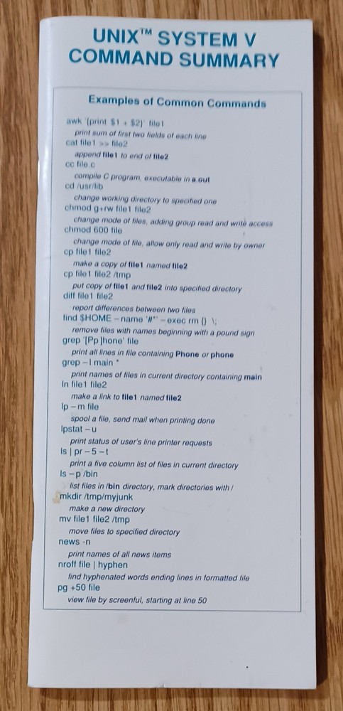 Korn Shell Reference '91 + UNIX System V Command Summary '87 Vintage UNIX Cards