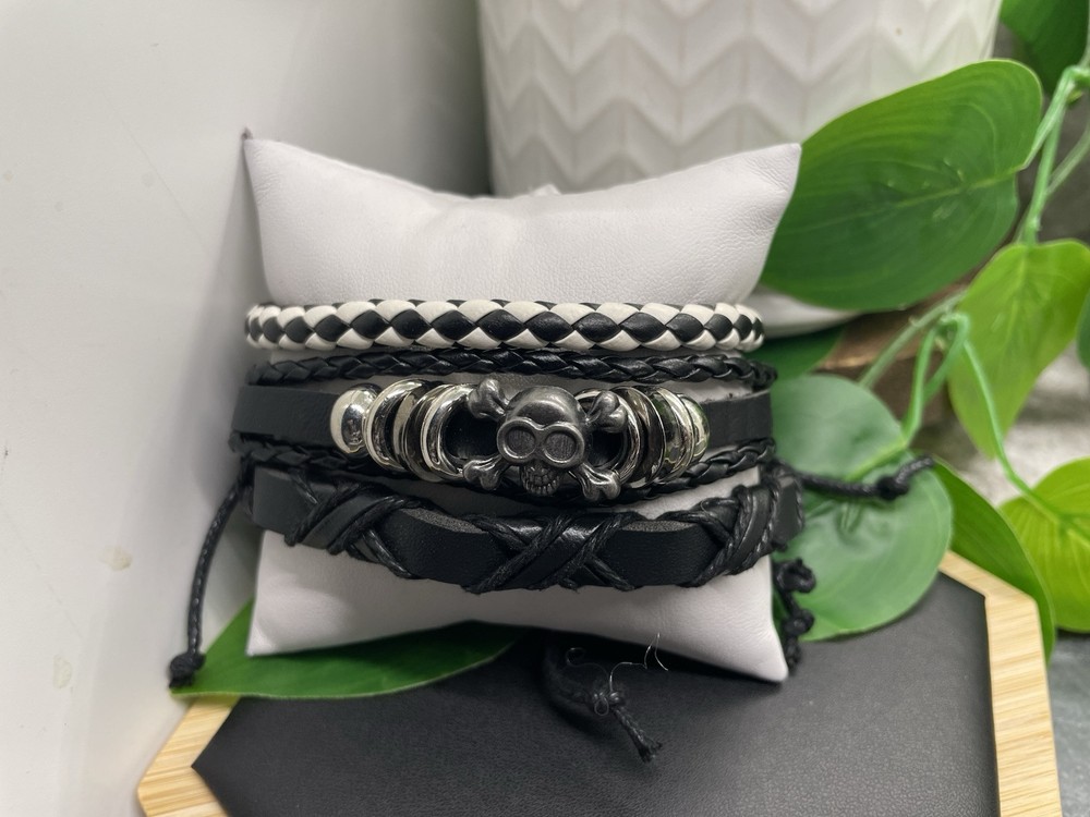 3 PC Leather Bracelet Stackable Adjustable Tie Free Ship Skull Charm B5205