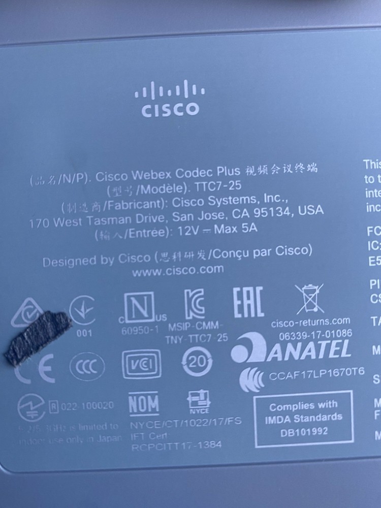 Cisco TTC7-25 Codec Plus w/ TTC8-10 Webex Quad Camera TTC5-15 Touch Panel