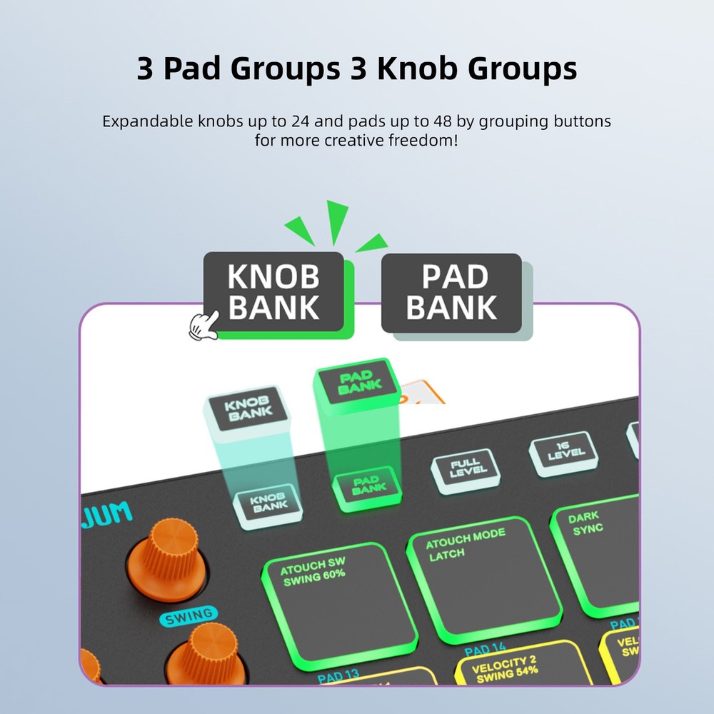 JAMJUM MIDI Controller 16 RGB Pads 8 Adjustable Knobs for Music Production