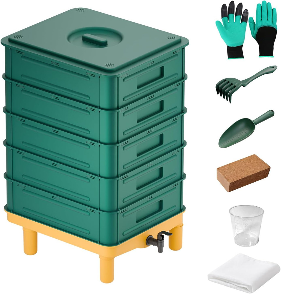 5-Layer Worm Compost Bin, 85L Worm Composter for Indoor & Outdoor, Starter Kits