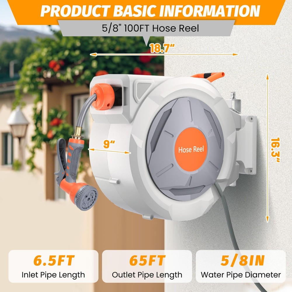 Retractable Hose Reel 5/8 x 65ft 9 Function Nozzle Auto Rewind Wall Mount Swivel