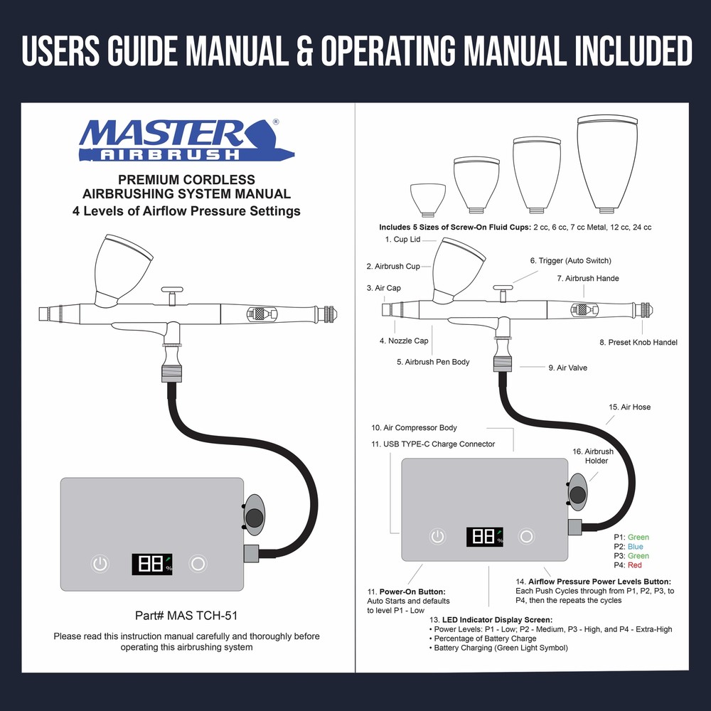 Master Airbrush Powerful Cordless Airbrushing System Rechargeable Air Compressor