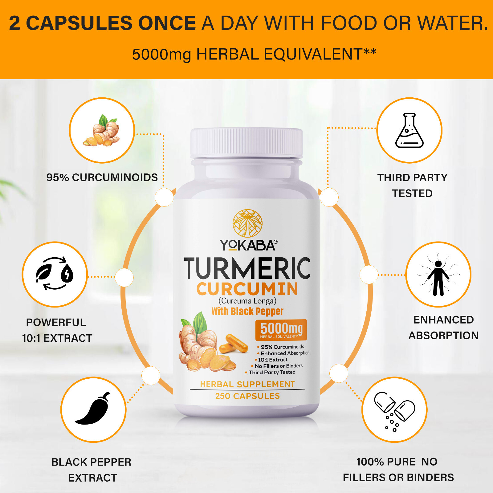 250 Capsules Turmeric Curcumin 5000mg Herbal Extract with BioPerine by YOKABA