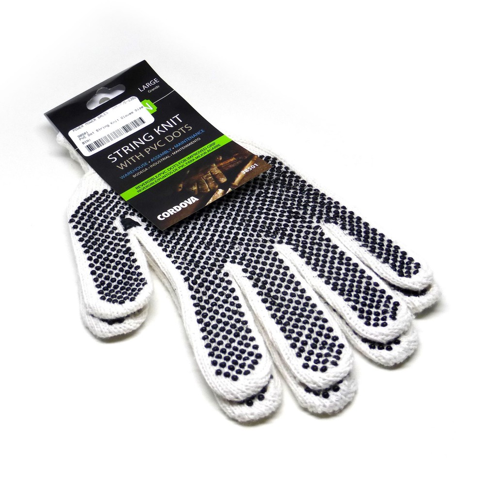 Machine String Knit Goves with PVC Dots - Bleached White - Large
