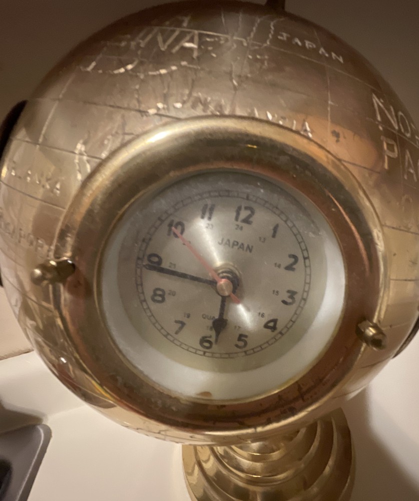 BRASS WORLD GLOBE CLOCK W/FIVE CLOCKS BEVELED GLASS