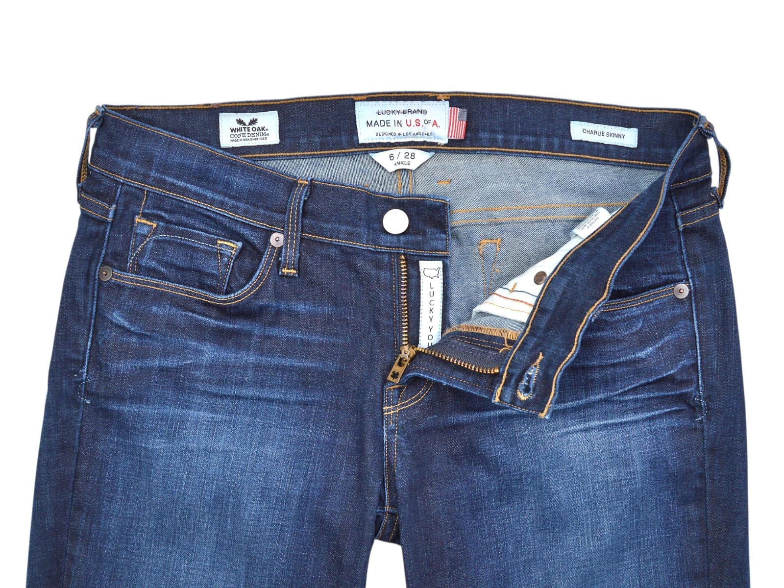 Lucky Brand Charlie Skinny Jeans Womens 6/28 Dark Blue Denim White Oak Cone USA