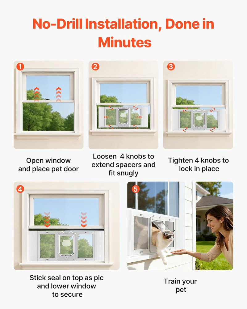 Cat Door for Window, Adjustable to Fit Window Width 31"-36", 4 Secure Lock Modes