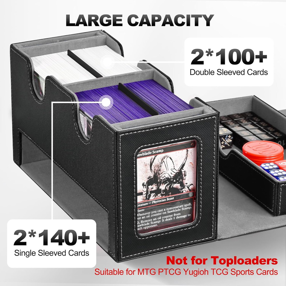 Card Deck Box for MTG, Double Storage Box with 2 Commander Display & 1 Dice Tray