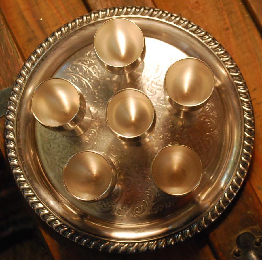 TOASTING SET Vintage LEONARD SILVERPLATE 'EPNS' Cordial Goblet 6 Cups & 1 Tray