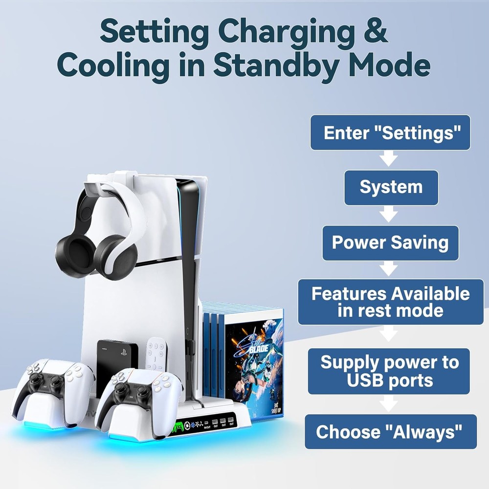 PS5 Stand & Cooling Station with LED Controller Charger 3-Level Fan