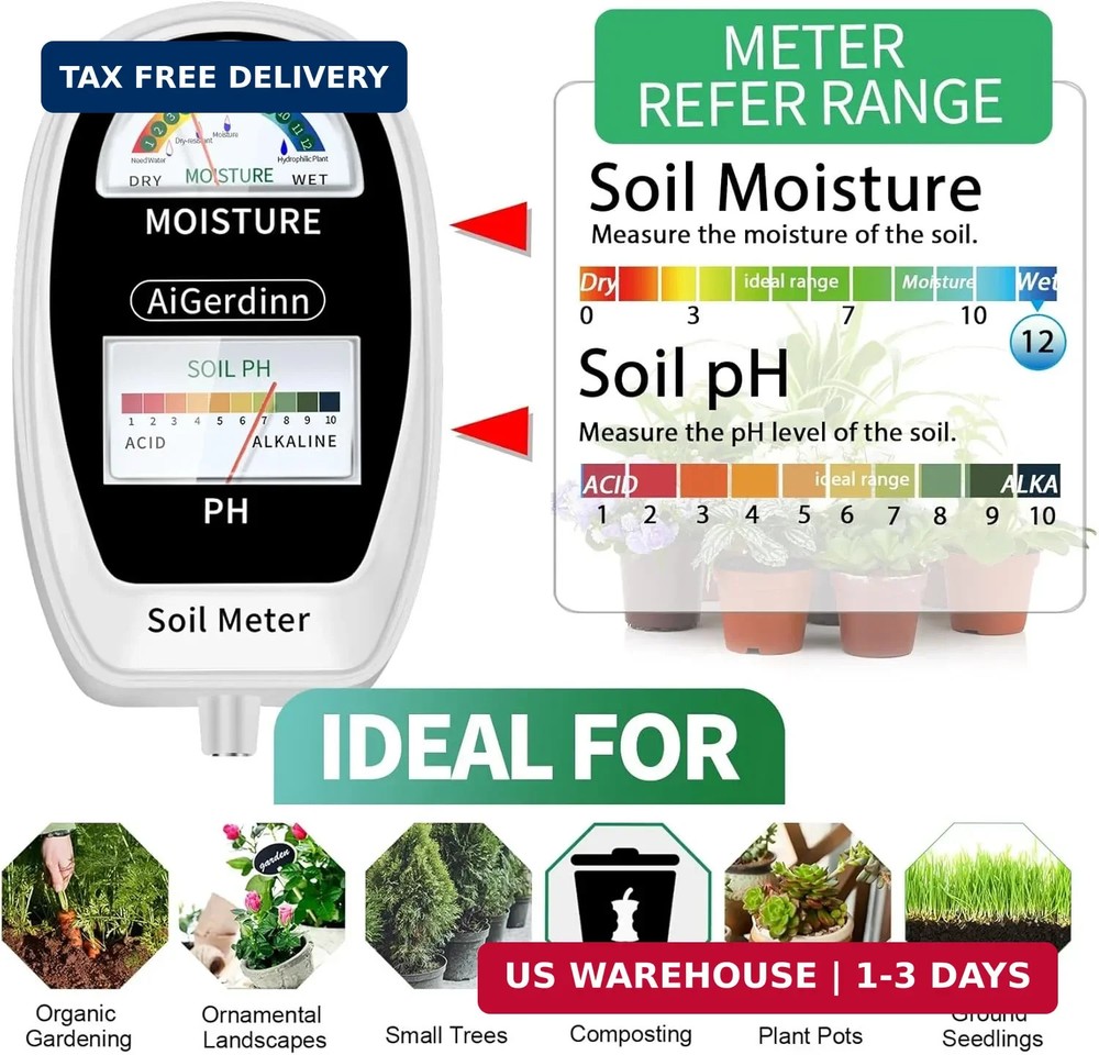 Soil Test Kit, 2-in-1 Soil Moisture Meter, Soil pH Meter -Dual Dial-Simultaneous