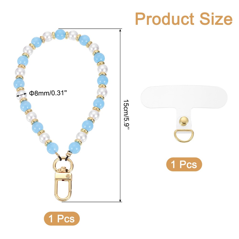 Phone Wrist Strap, Pearl Beaded Phone Charm with Tether Tab, Light Blue & White