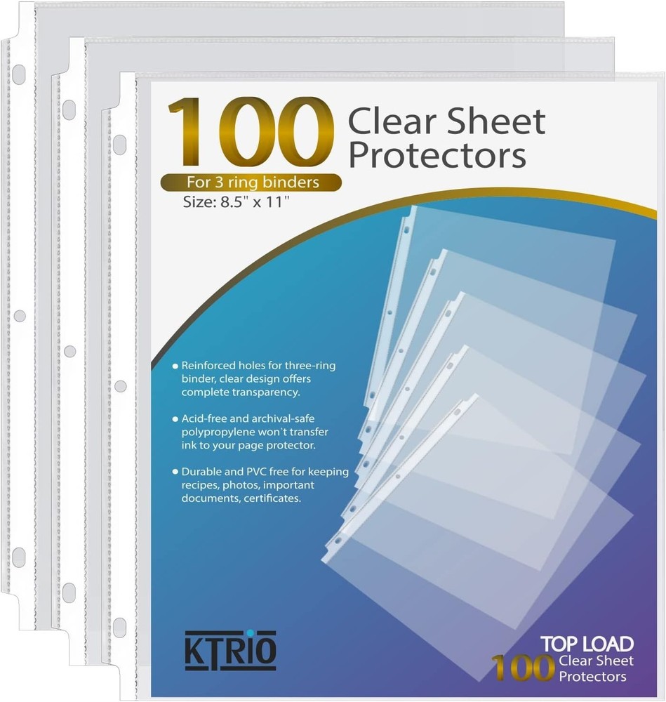 Durable Polypropylene 3 Ring Binder Sleeves - 100 Clear Top Loading Protectors