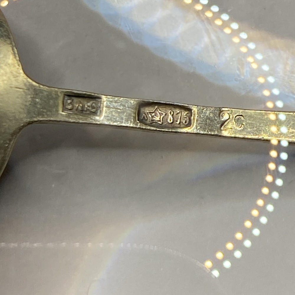 Soviet c.1908 Russian Enamel Silver Salt Spoon Marked 875 3rd Artel Workshop