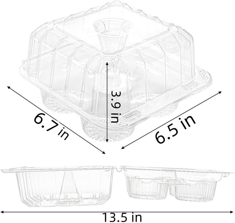 50 Pack Clear Cupcake Box 4 Cavity Plastic Holder Deep Dome Disposable Container