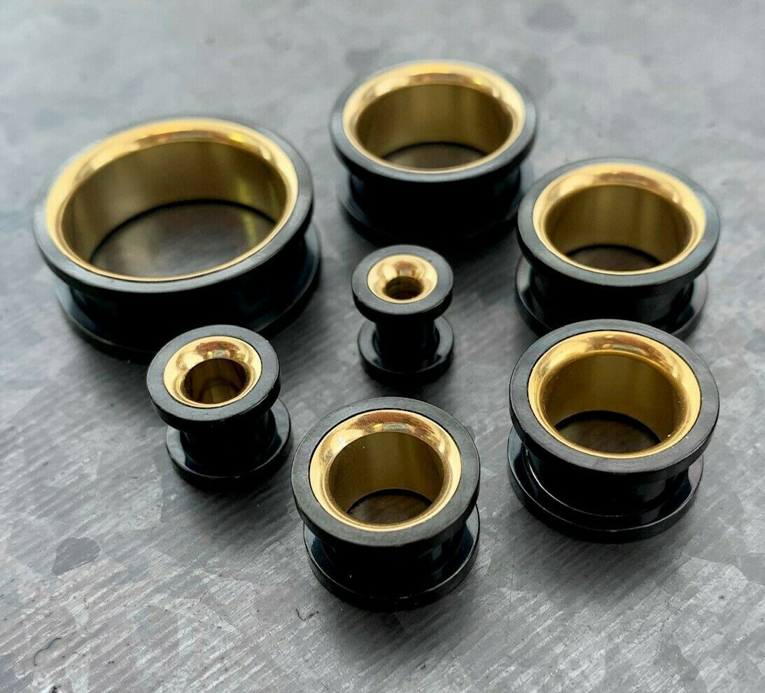 PAIR Black with Gold Interior Screw Fit Tunnels Ear Plugs Earlet Gauges