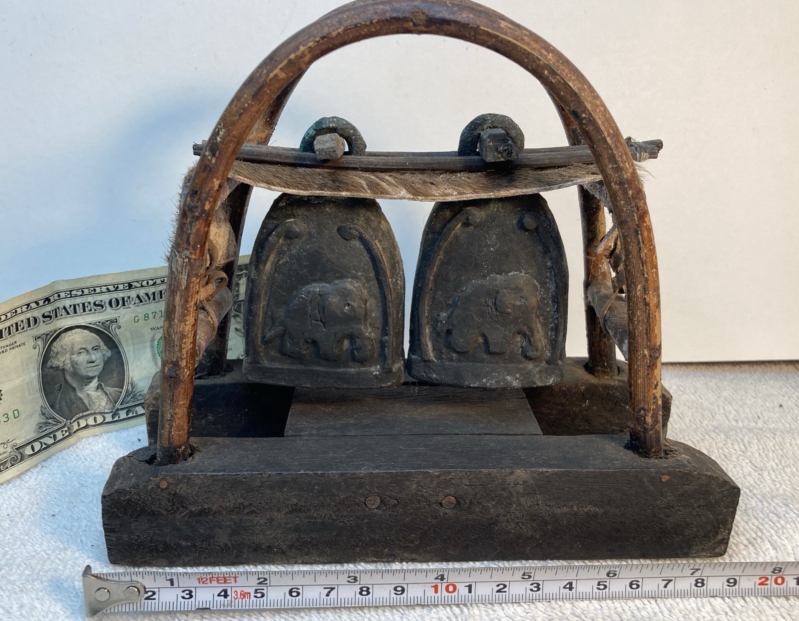 Vtg Karen Hill Tribe Double Elephant Bell w/ Bent Wood Stand & Hide - Thailand