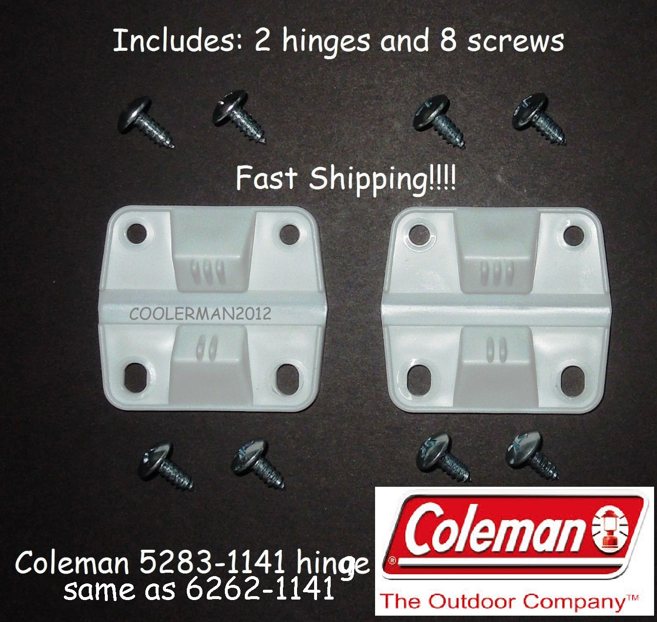 COLEMAN COOLER 2 HINGES 8 SCREWS 5283-1141 OR 6262-1141 HINGE SET REPLACEMENT