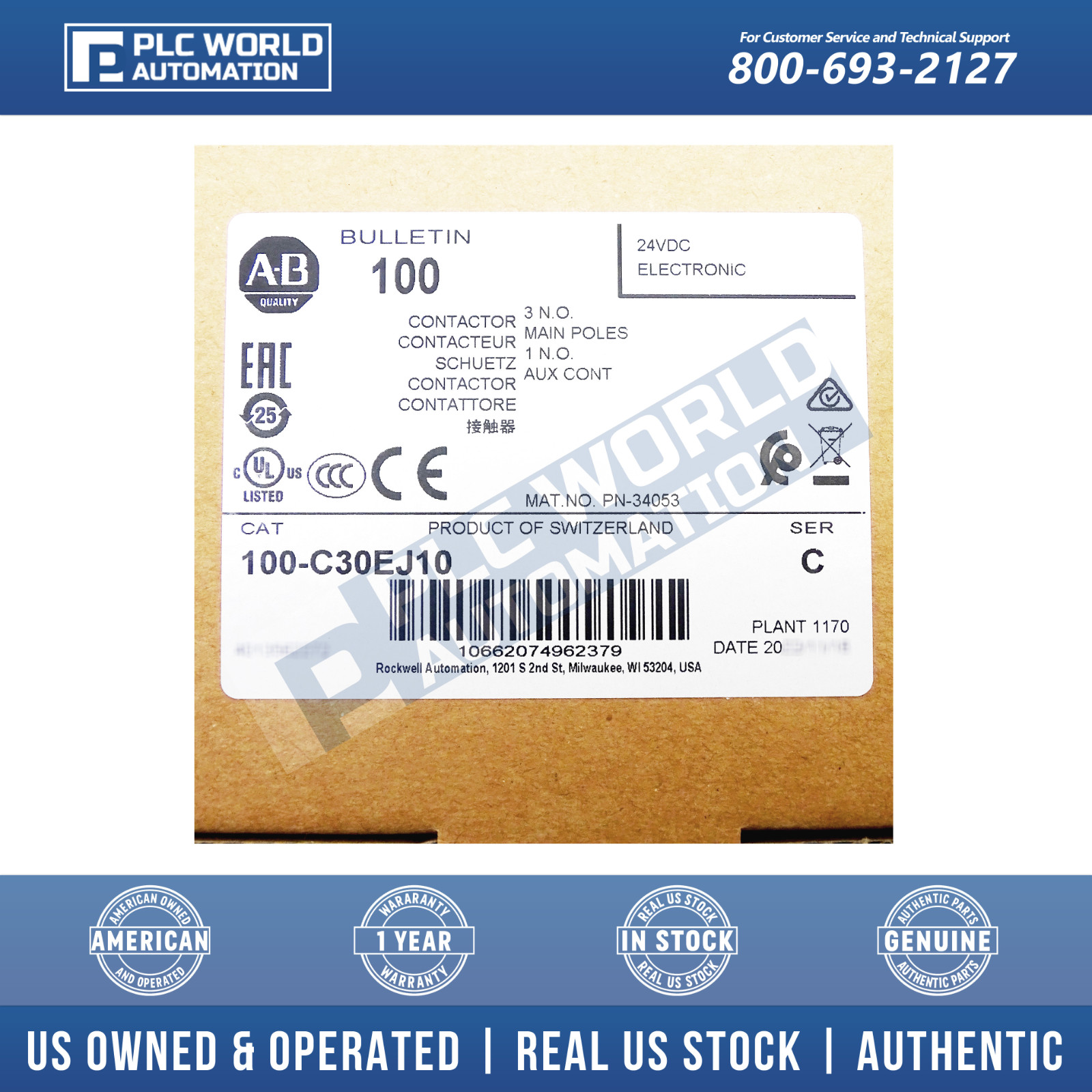 Allen Bradley 100-C30EJ10 Ser C IEC Standard Contactor, 24 VDC, 3-Pole, 30A, New