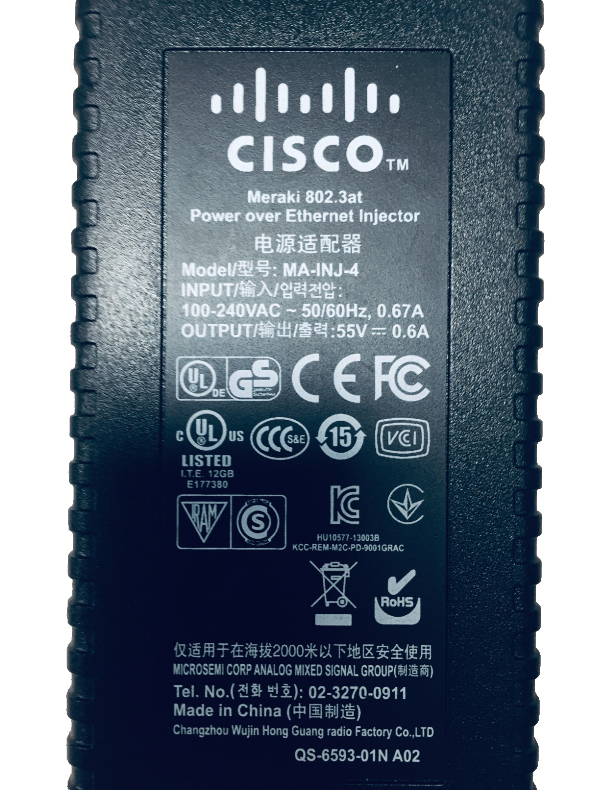 Cisco Meraki MA-INJ-4-US Power Injector 802.3at PoE 55V (Grade B)