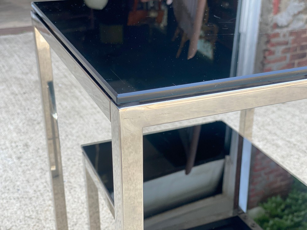 Post-Modern Sculpted Chrome & Black Glass Tiered Side Table