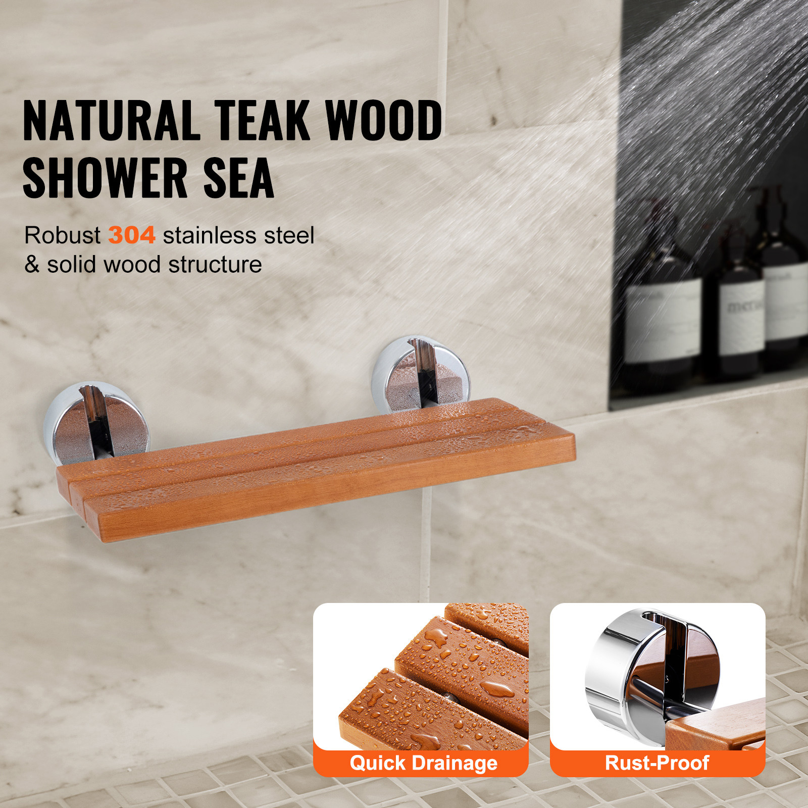 Folding Teak Shower Seat 20.1'' x 13.2'' Wall Mounted Shower Bench 440 lbs