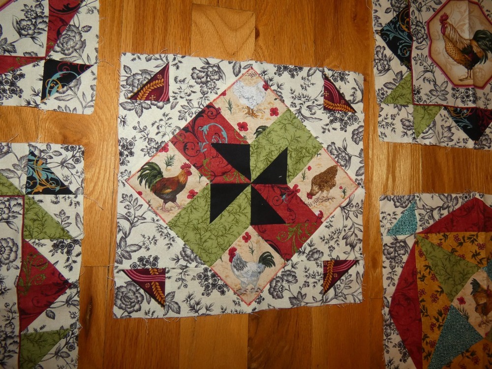 Rooster & Hen Quilt Blocks Handmade Pieced Sampler Each Different